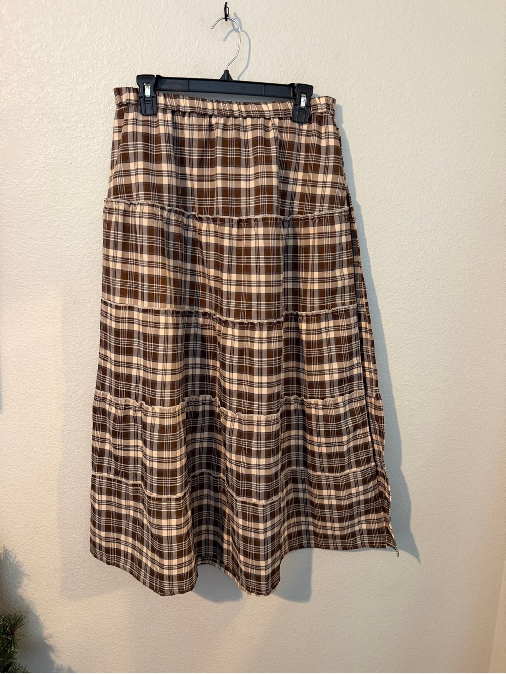 Edikted Brown and Cream Plaid Tiered Maxi Skirt with thigh high slit